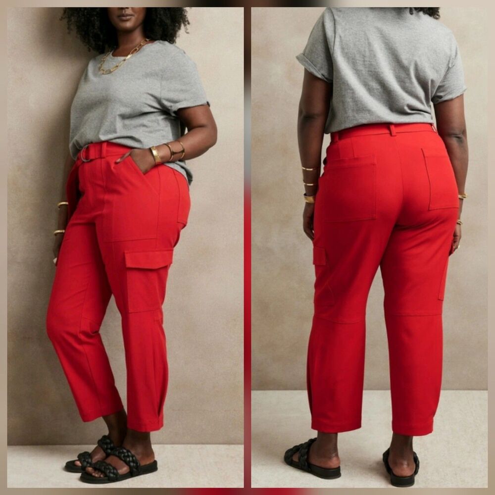 Banana Republic Red Cargo Pants Trouser Belted Waist Tapered Cuffs Stretch 18